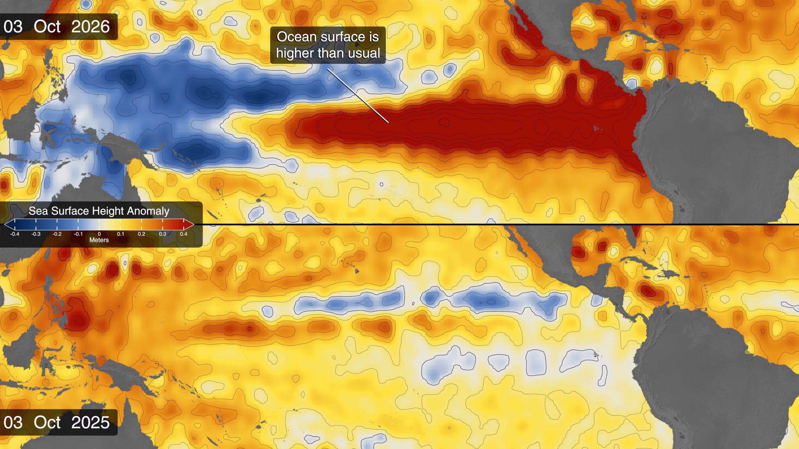 Los satélites de la NASA registraron aumentos de hasta 40 centímetros en el nivel del mar en el Pacífico oriental tras el desplazamiento de una onda Kelvin. (NASA)