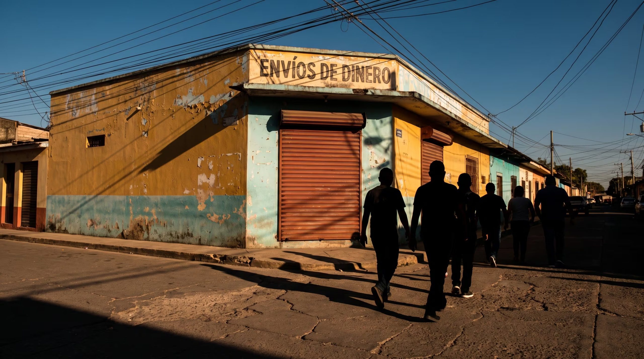 Un grupo de personas camina por una calle de América Central junto a un local de envíos de dinero con sus persianas cerradas. (Imagen Ilustrativa Infobae)