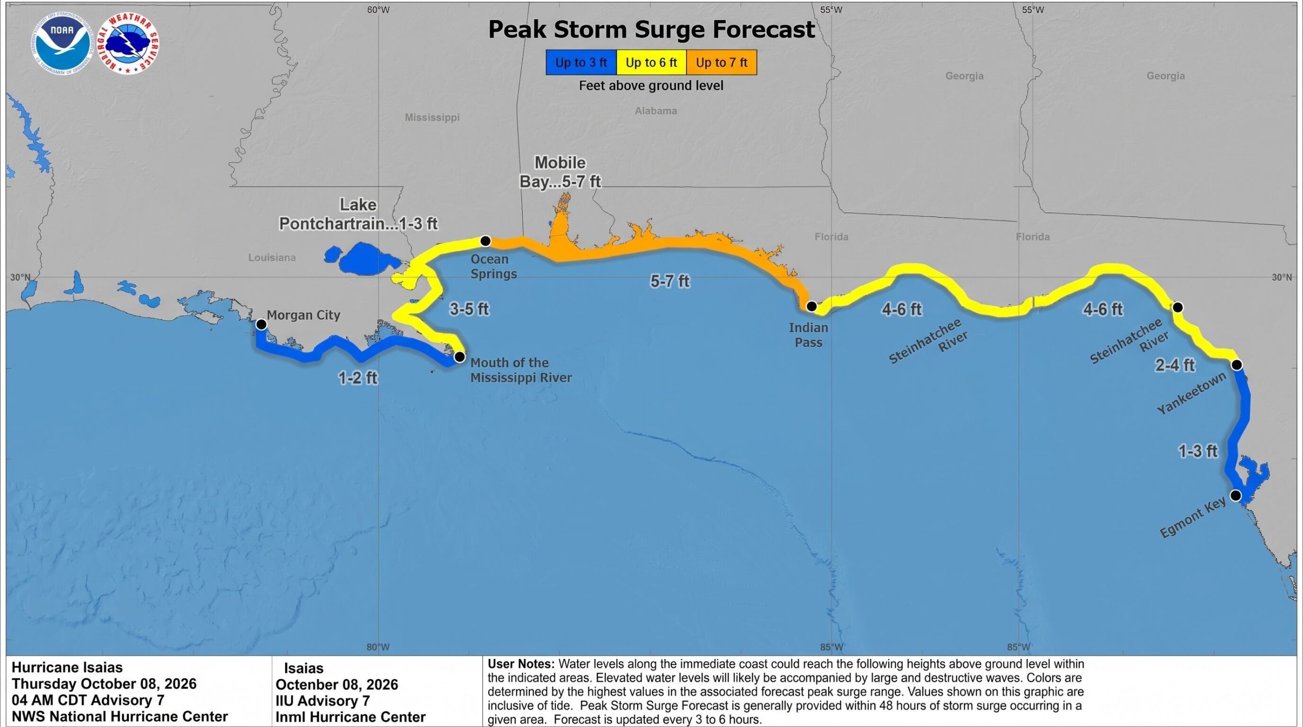 El aviso de huracán abarca zonas costeras desde Ocean Springs en Misisipi hasta localidades del Panhandle floridano como Pensacola y Panama City. (NHC)