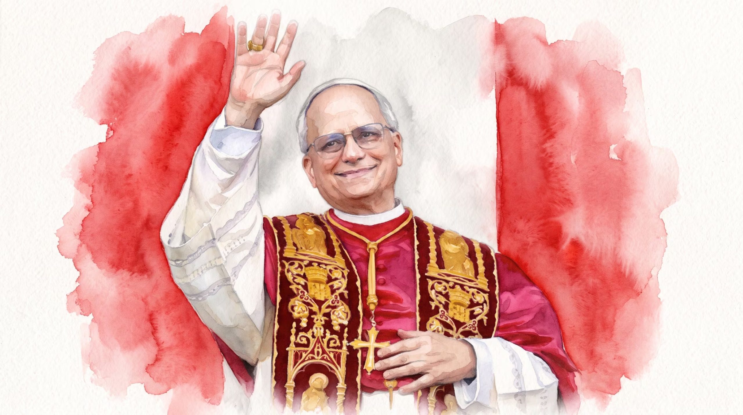 Una ilustración en acuarela presenta al papa León XIV con vestiduras litúrgicas y la mano alzada frente a franjas que evocan la bandera de Perú. (Imagen Ilustrativa Infobae)