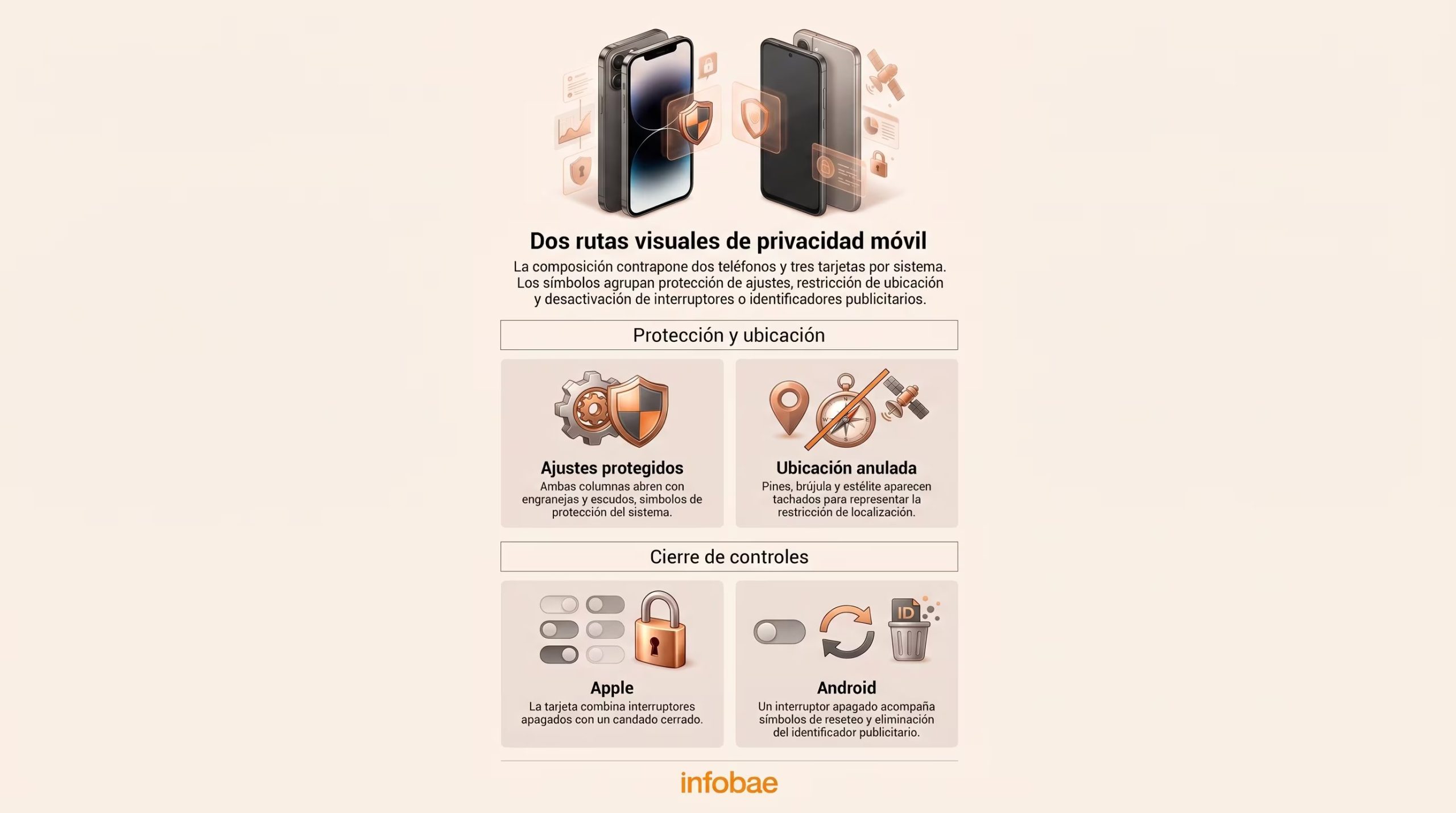 Una infografía de Infobae detalla los métodos de protección de ajustes, restricción de ubicación y cierre de controles en dispositivos Apple y Android. (Imagen Ilustrativa Infobae)