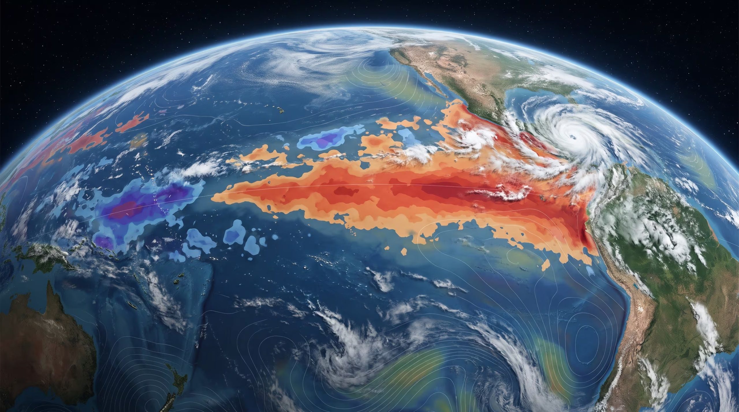 Un mapa térmico sobre el océano Pacífico ilustra los patrones de temperatura superficial asociados a los fenómenos de El Niño y La Niña frente al continente americano. (Imagen Ilustrativa Infobae)