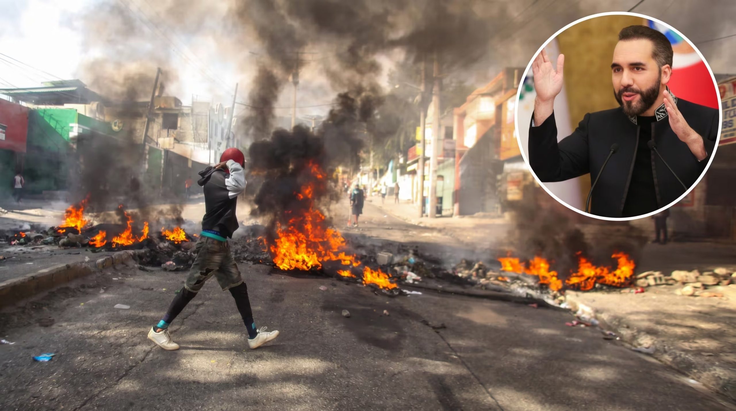 Un montaje combina una escena de disturbios callejeros con barricadas y neumáticos en llamas junto a un retrato del presidente Nayib Bukele. (Imagen Ilustrativa Infobae)