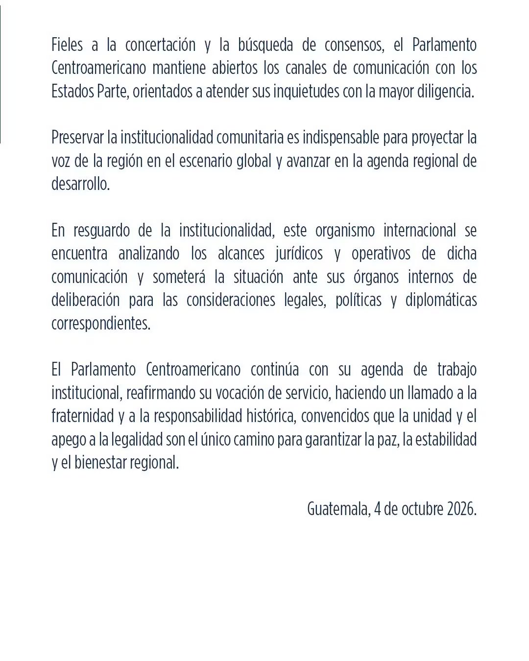 El bloque regional advirtió que preservar la institucionalidad es clave para sostener la agenda de desarrollo y la representación de Centroamérica. La decisión de Managua llega en medio de presiones internacionales por la situación de los derechos humanos en el país. (Comunicado Parlacen)