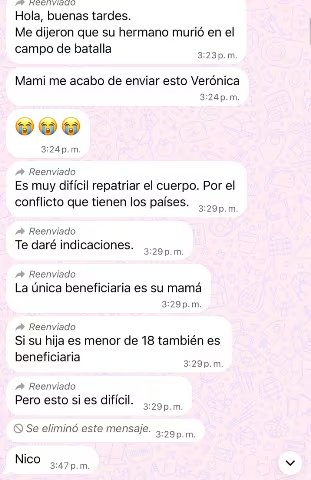 Captura del mensaje enviado el 17 de julio de 2026 a la hermana del padre de Nicole por la intermediaria Verónica García, en el que afirmaba falsamente que John Jairo Sepulveda había fallecido en combate.