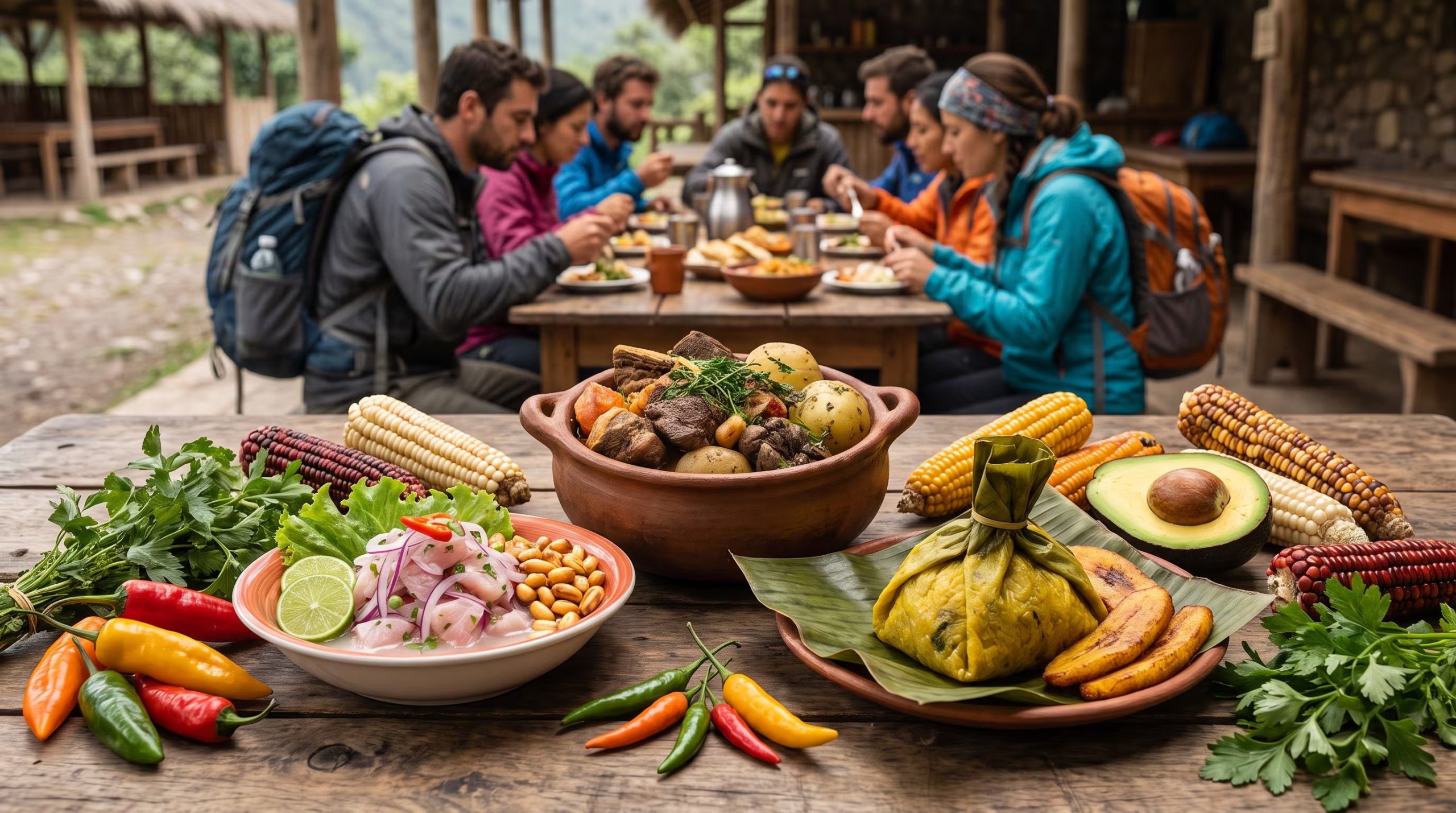 Viajeros de un recorrido turístico comparten una comida en una mesa rústica con platos tradicionales de Perú como ceviche, pachamanca y juane, acompañados de ingredientes locales. (Imagen Ilustrativa Infobae)