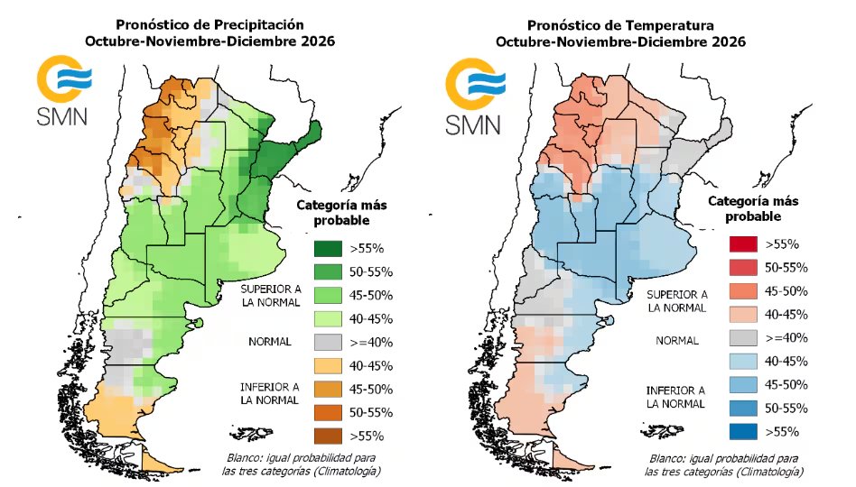 El Servicio Meteorológico Nacional prevé precipitaciones por encima de lo habitual en el Litoral y el centro de Argentina en el último trimestre.