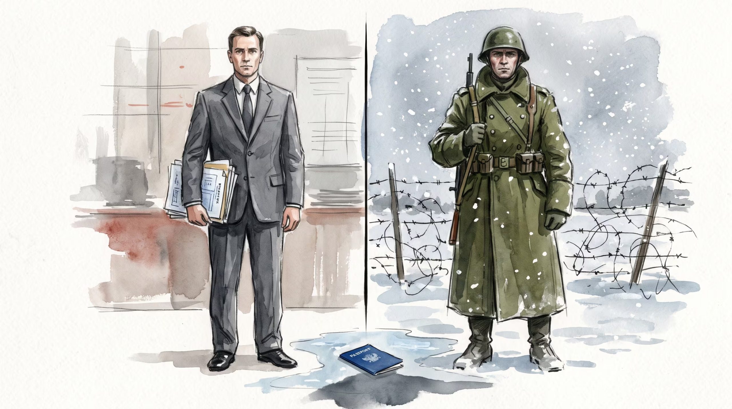 Una ilustración conceptual contrasta la faceta civil y militar de un hombre junto a un pasaporte caído sobre el suelo helado. (Imagen Ilustrativa Infobae)