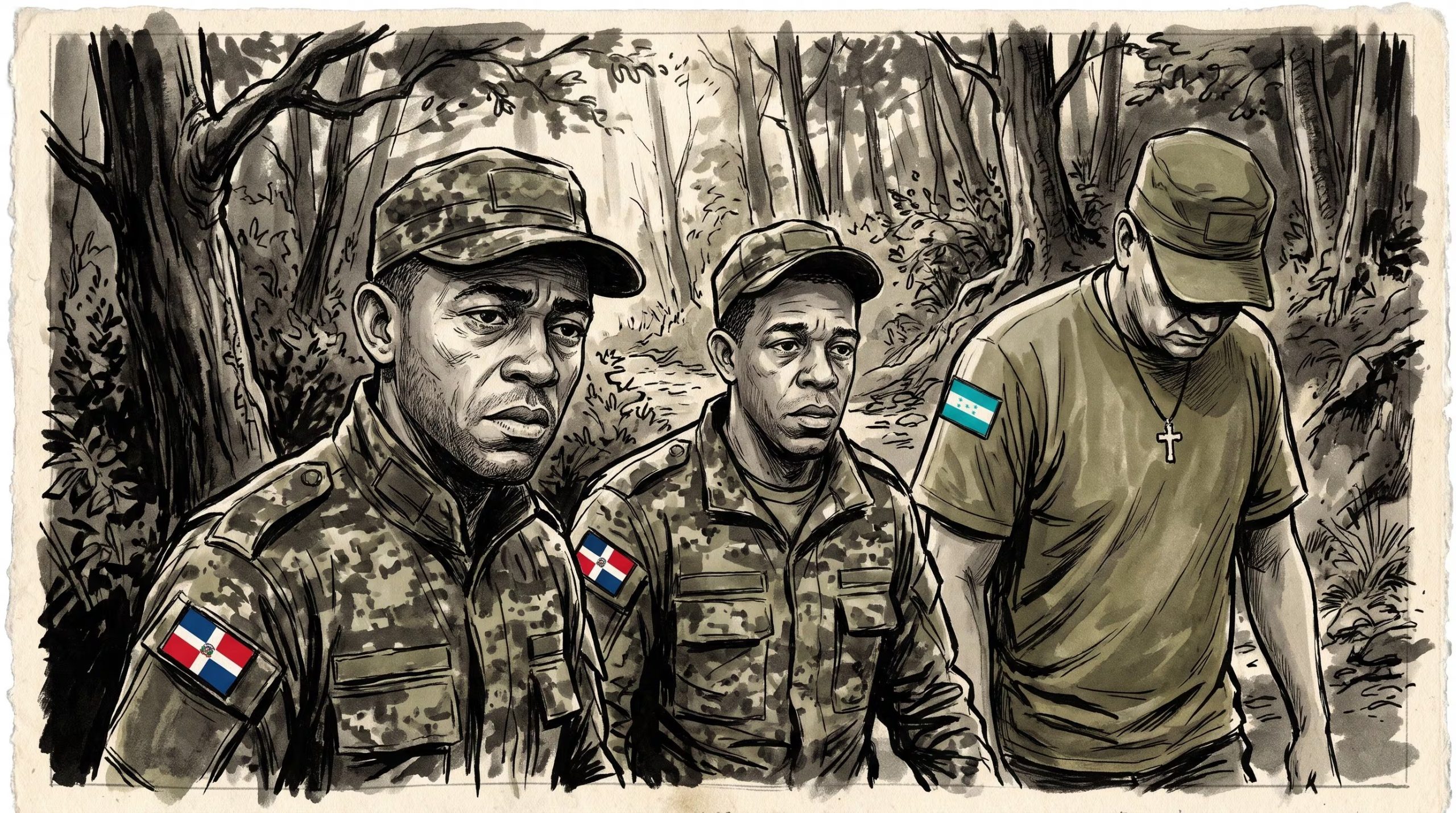 Tres hombres con distintivos de la República Dominicana y Honduras recorren un sendero boscoso en una ilustración realizada a tinta china. (Imagen Ilustrativa Infobae)